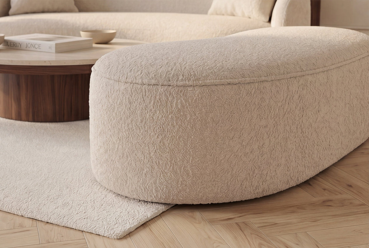 Extravagante banquette rembourrée ELEMENTAL 120cm beige champagne tricot fin bouclé avec rangement