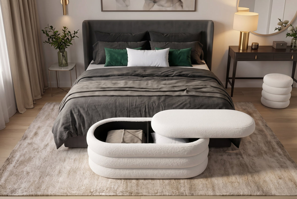 Extravagante banquette rembourrée VOGUE 85cm blanche bouclé banquette avec rangement