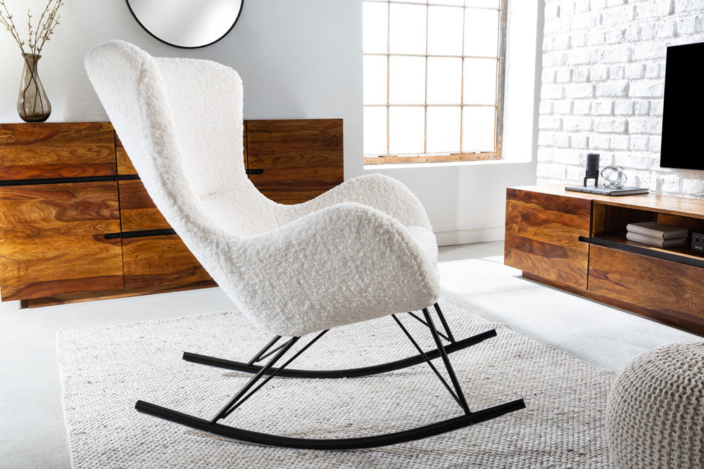 Fauteuil à bascule design SCANDINAVIA SWING blanc bouclé fauteuil métal noir