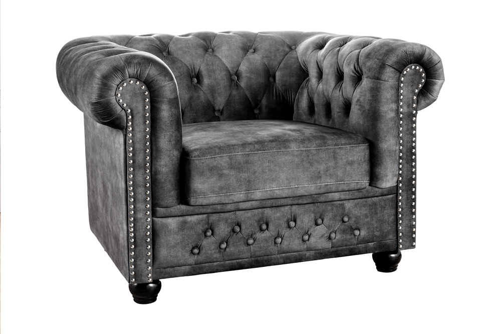 Fauteuil baroque CHESTERFIELD âme à ressorts en velours gris avec surpiqûres de boutons