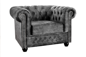 Fauteuil baroque CHESTERFIELD âme à ressorts en velours gris avec surpiqûres de boutons