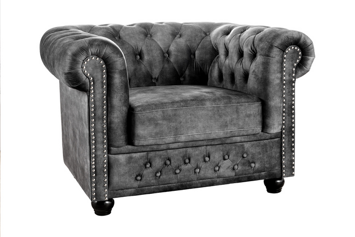 Fauteuil baroque CHESTERFIELD âme à ressorts en velours gris avec surpiqûres de boutons