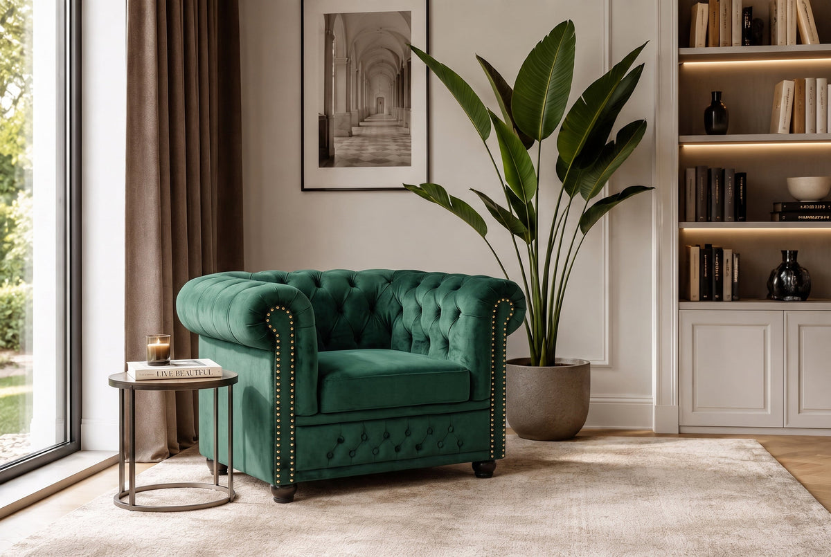 fauteuil baroque CHESTERFIELD vert bouteille velours noyau à ressorts avec boutonnage