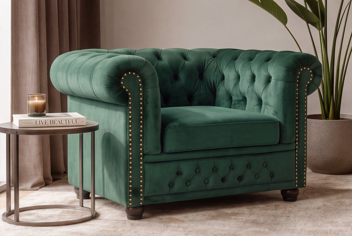 fauteuil baroque CHESTERFIELD vert bouteille velours noyau à ressorts avec boutonnage