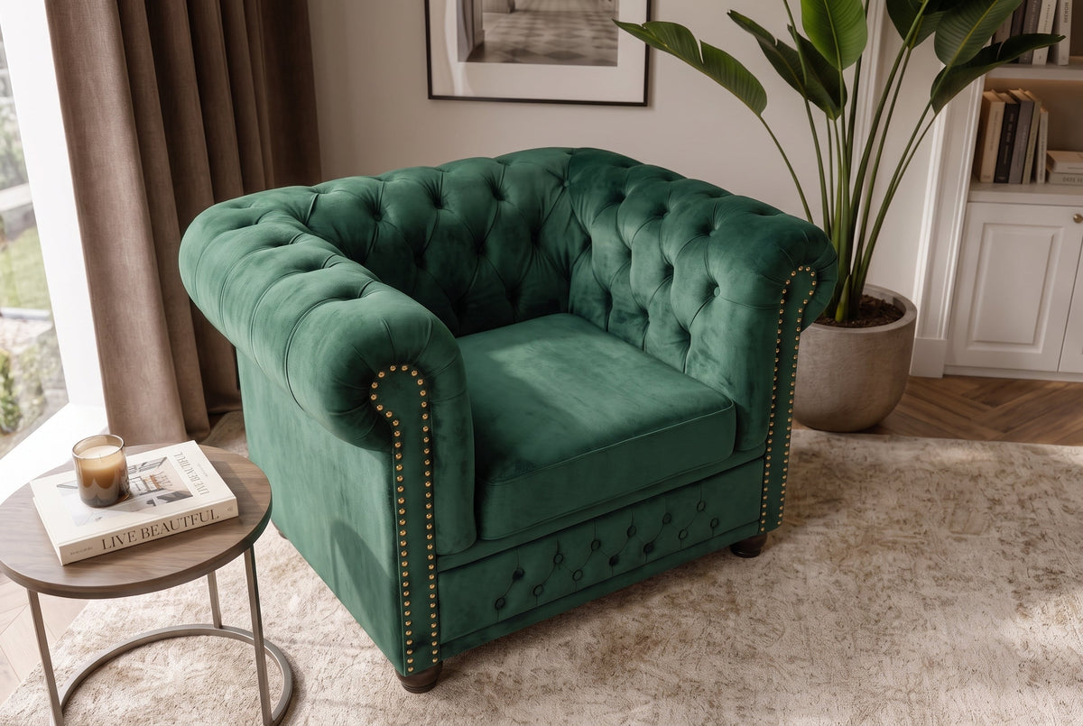 fauteuil baroque CHESTERFIELD vert bouteille velours noyau à ressorts avec boutonnage