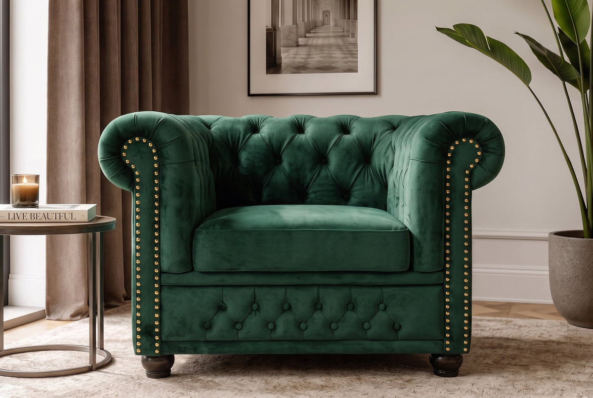 fauteuil baroque CHESTERFIELD vert bouteille velours noyau à ressorts avec boutonnage