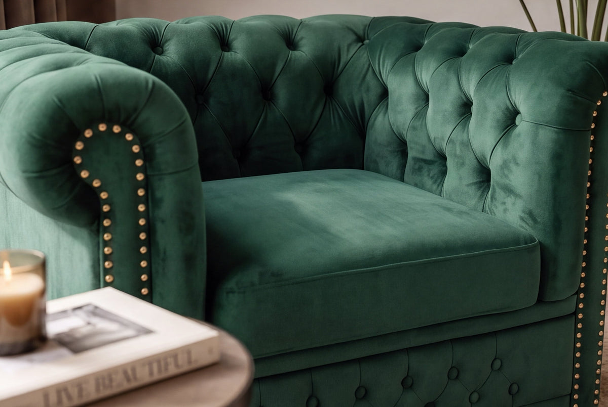 fauteuil baroque CHESTERFIELD vert bouteille velours noyau à ressorts avec boutonnage