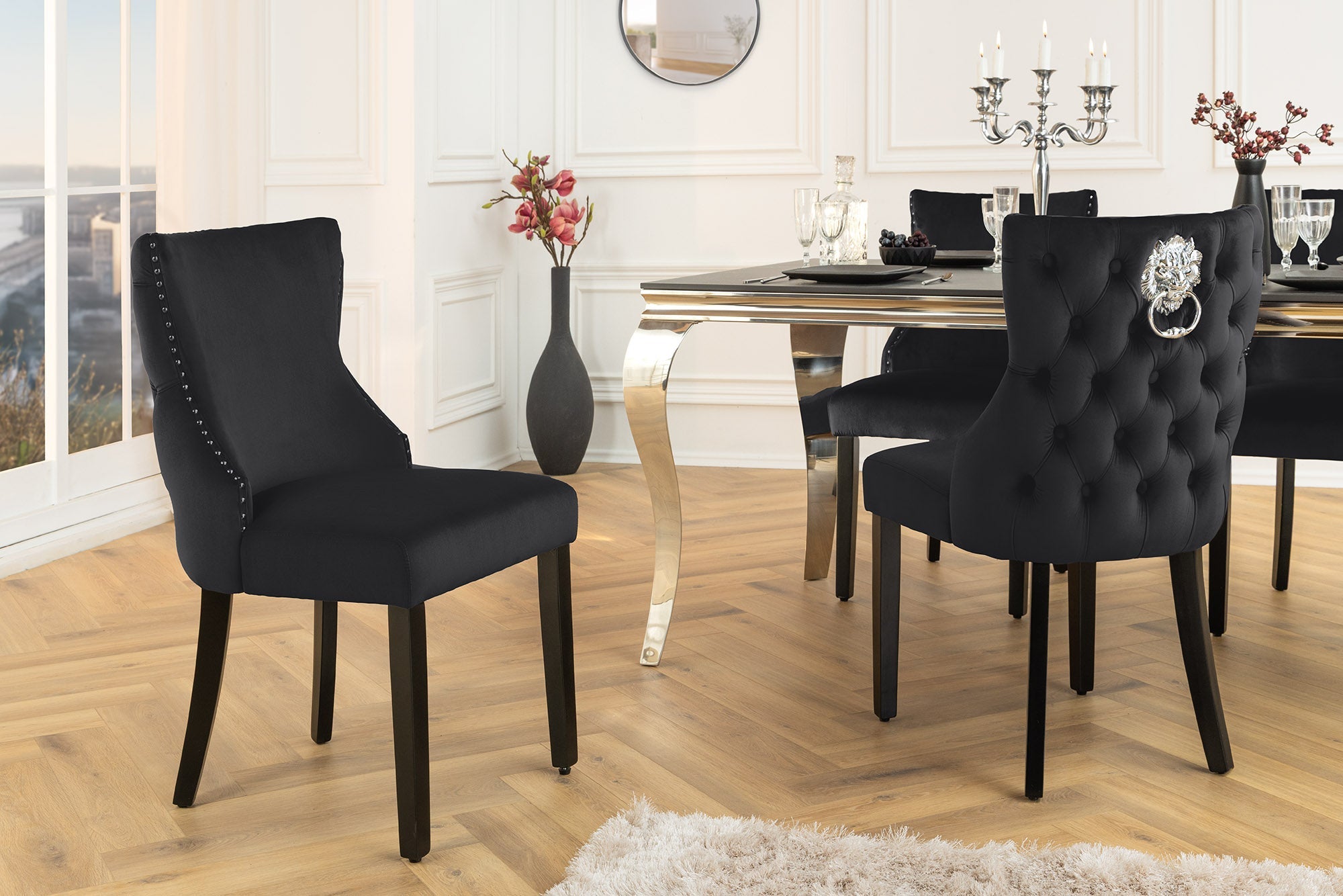 Lote de 2x sillones Chesterfield CASTLE DELUXE de terciopelo negro con remaches de cabeza de león
