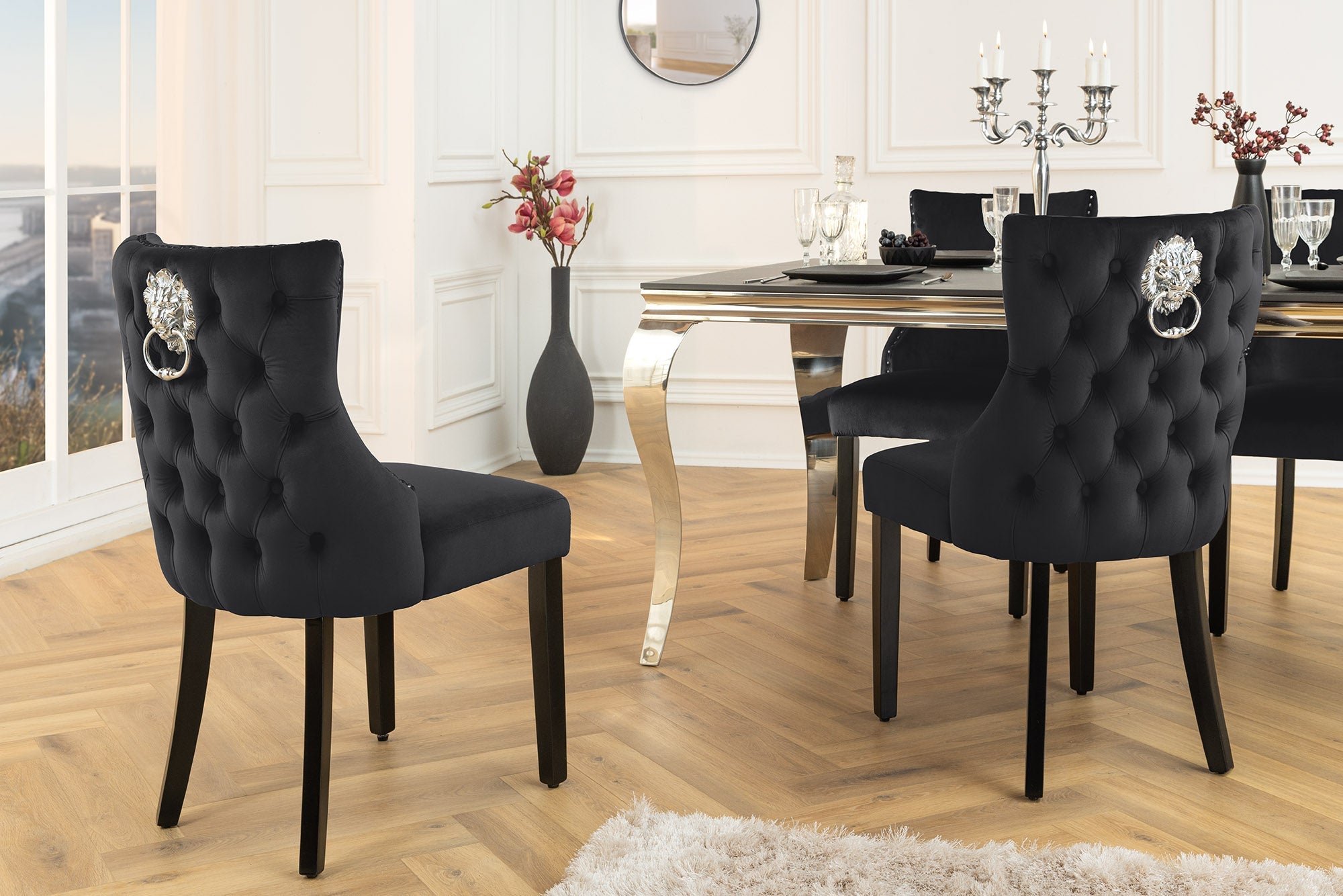 Lote de 2x sillones Chesterfield CASTLE DELUXE de terciopelo negro con remaches de cabeza de león