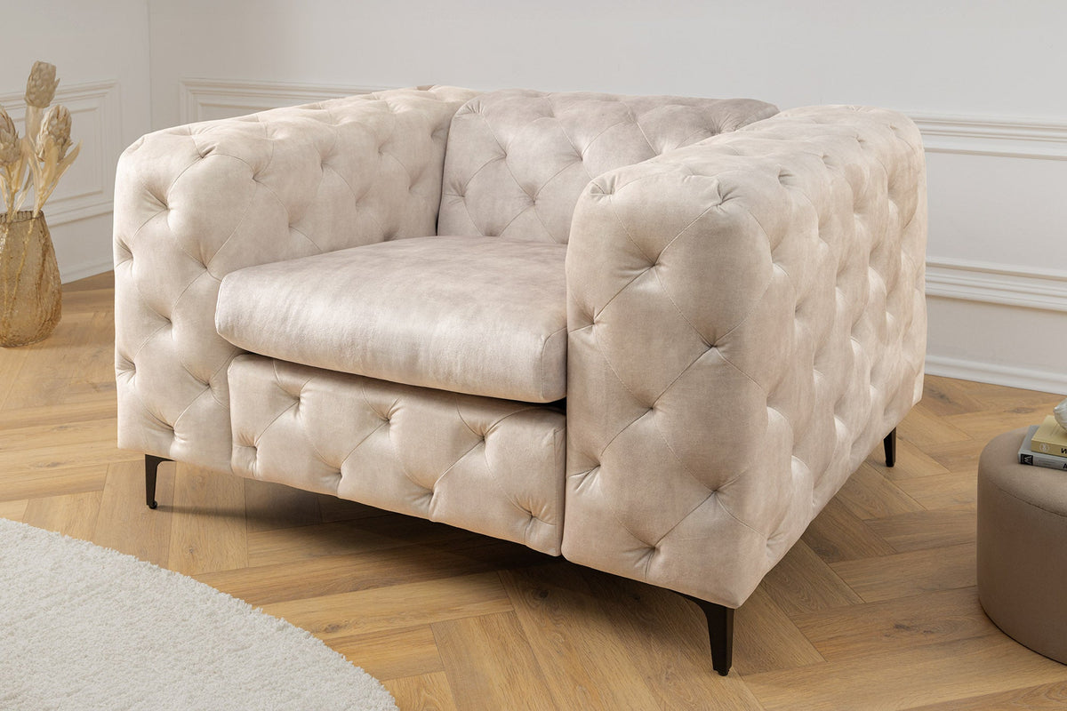 Fauteuil Chesterfield design MODERNE BAROQUE 120cm âme ressorts en velours beige champagne