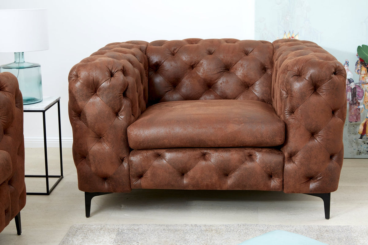 Fauteuil Chesterfield design MODERNE BAROQUE 120cm microfibre marron antique avec âme à ressorts