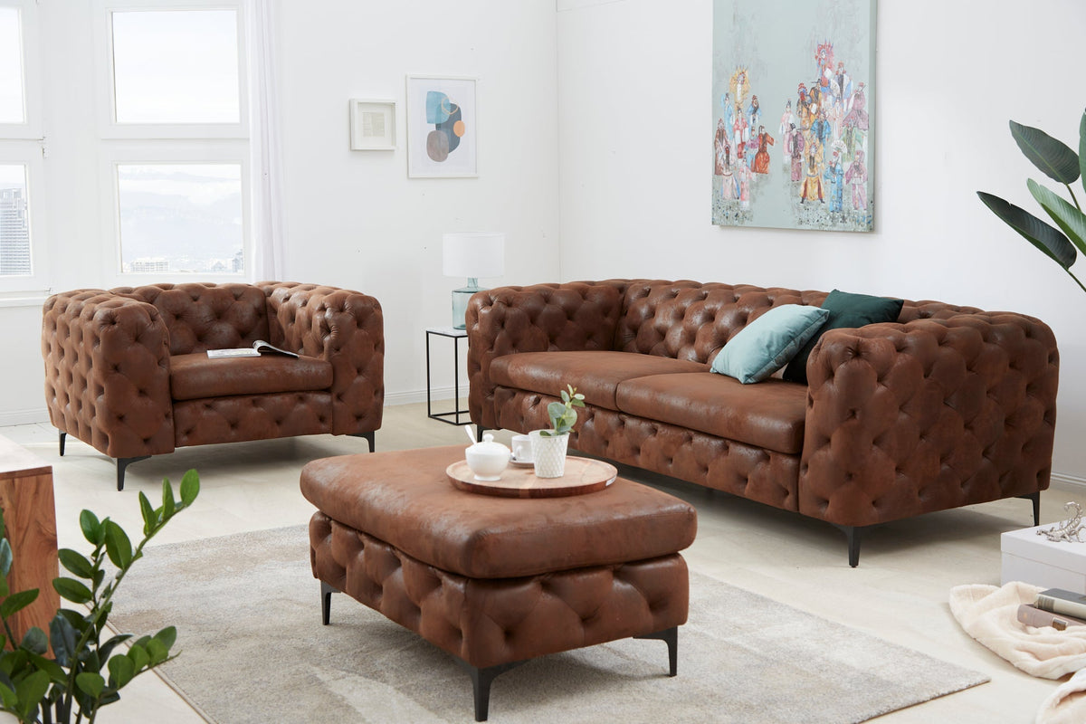 Fauteuil Chesterfield design MODERNE BAROQUE 120cm microfibre marron antique avec âme à ressorts