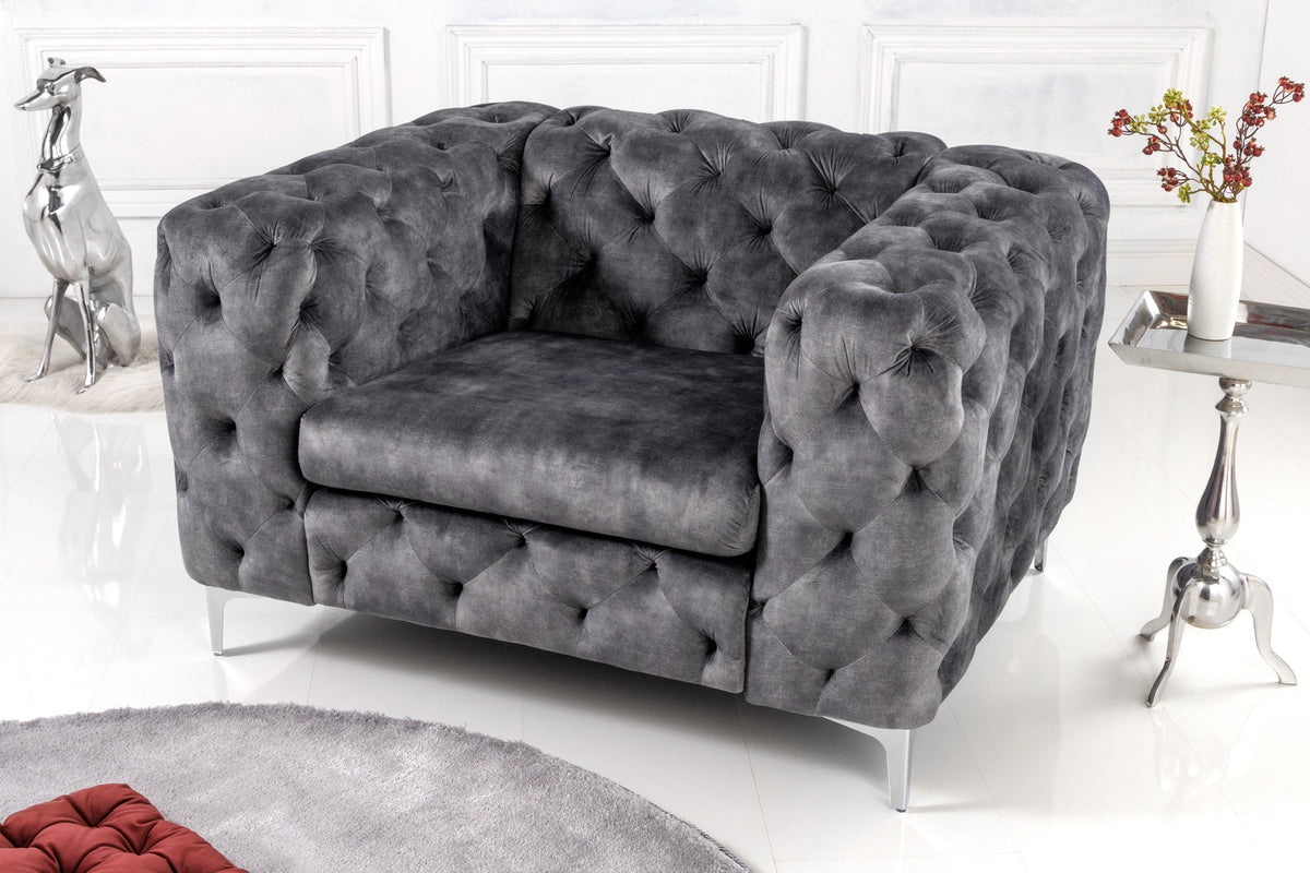 Fauteuil Chesterfield design MODERNE BAROQUE 120cm velours gris foncé