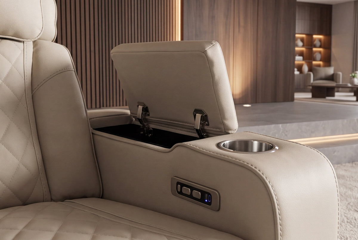 Fauteuil de cinéma électrique 2 places HOLLYWOOD beige similicuir fonction relaxation porte-gobelet