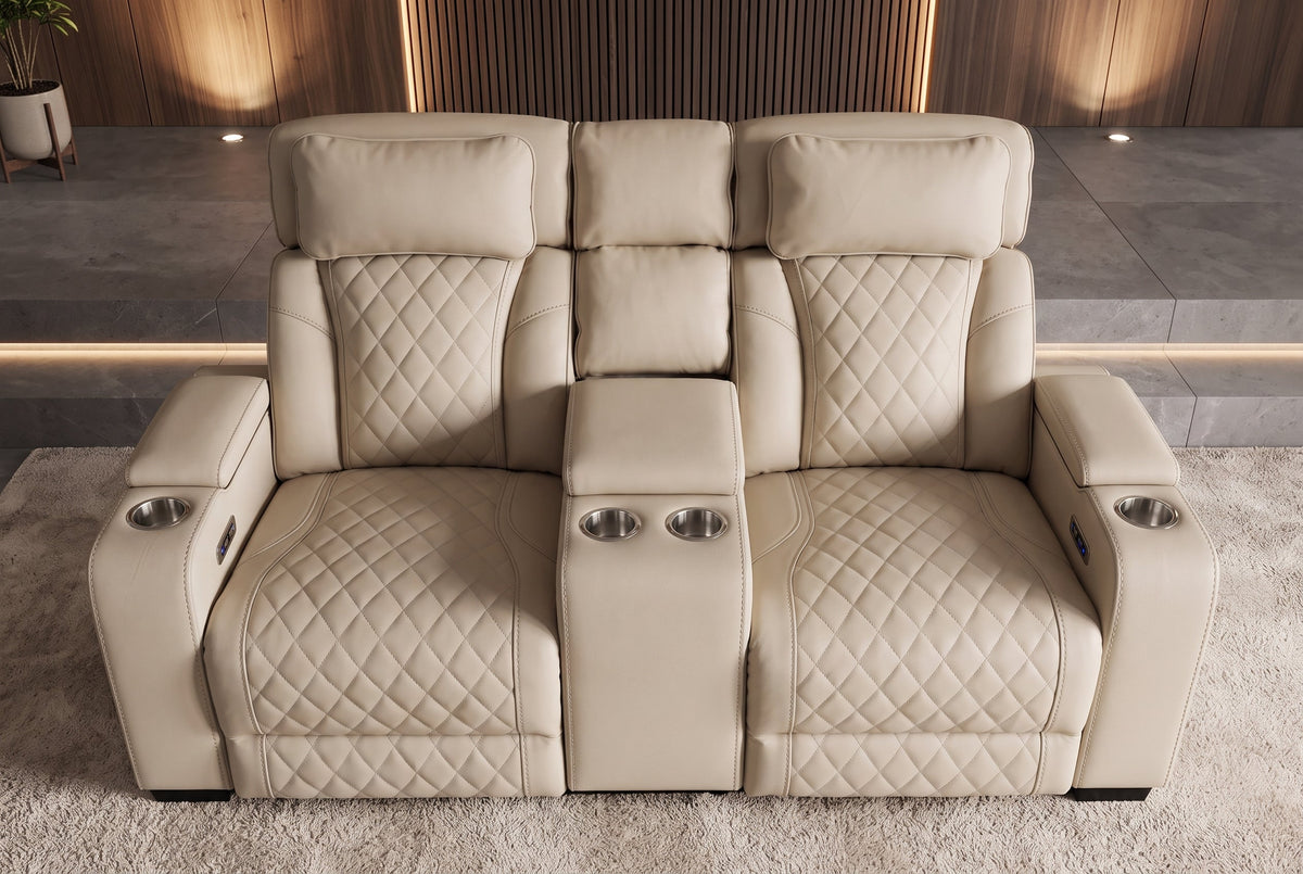 Fauteuil de cinéma électrique 2 places HOLLYWOOD beige similicuir fonction relaxation porte-gobelet