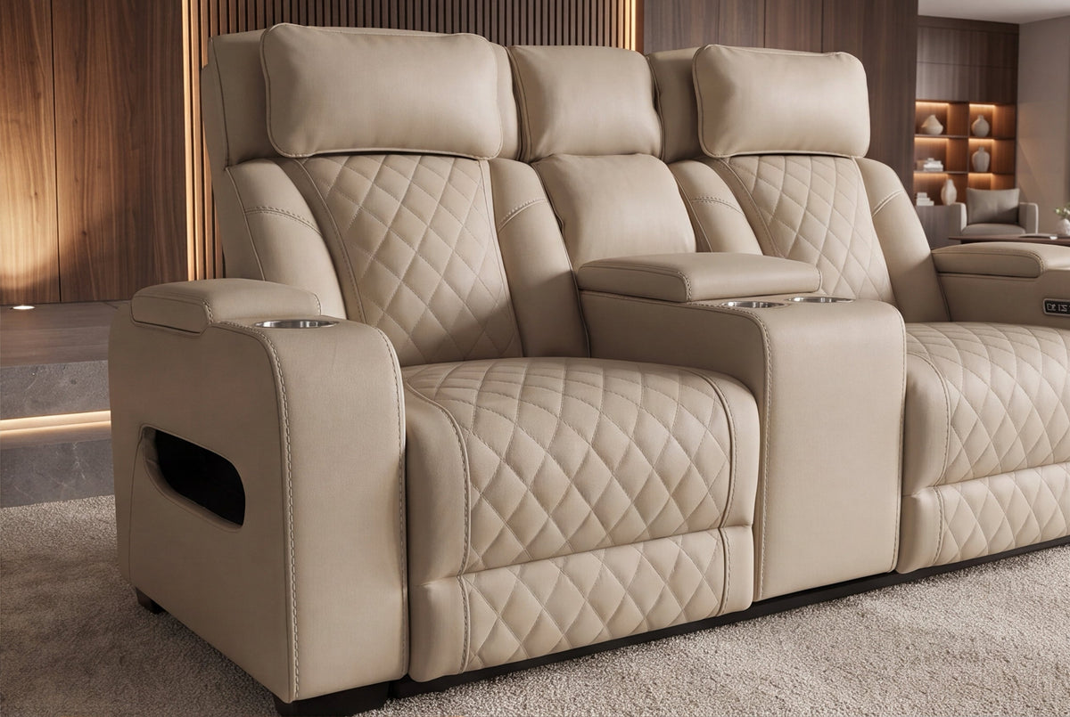 Fauteuil de cinéma électrique 2 places HOLLYWOOD beige similicuir fonction relaxation porte-gobelet