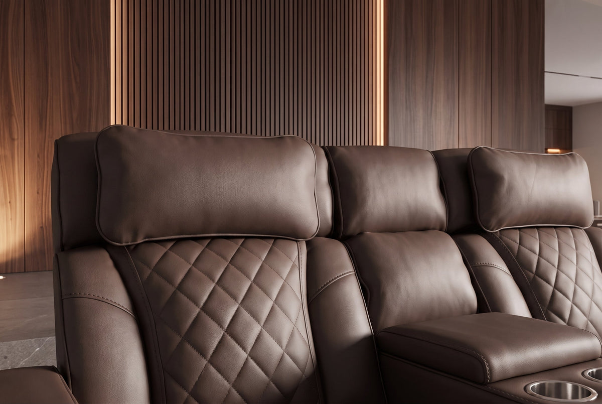 Fauteuil de cinéma électrique 2 places HOLLYWOOD marron similicuir fonction relaxation porte-gobelet