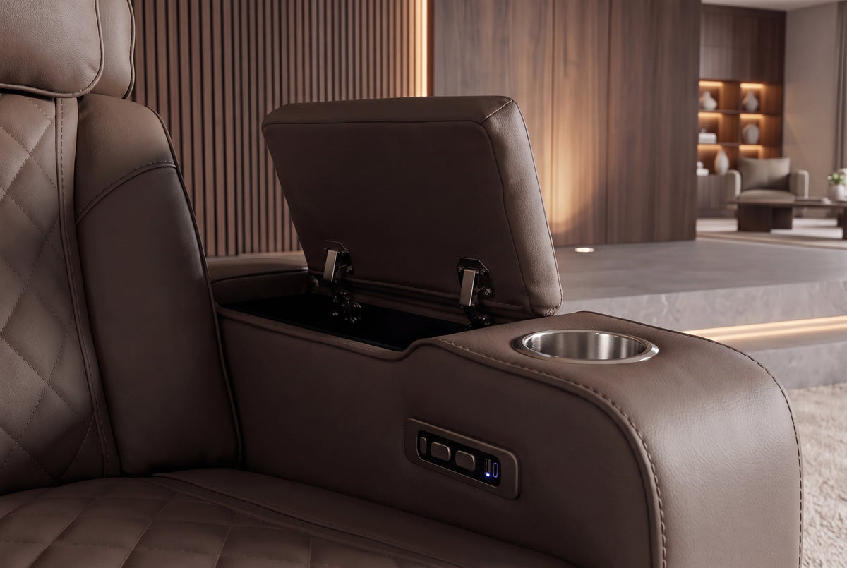 Fauteuil de cinéma électrique 2 places HOLLYWOOD marron similicuir fonction relaxation porte-gobelet