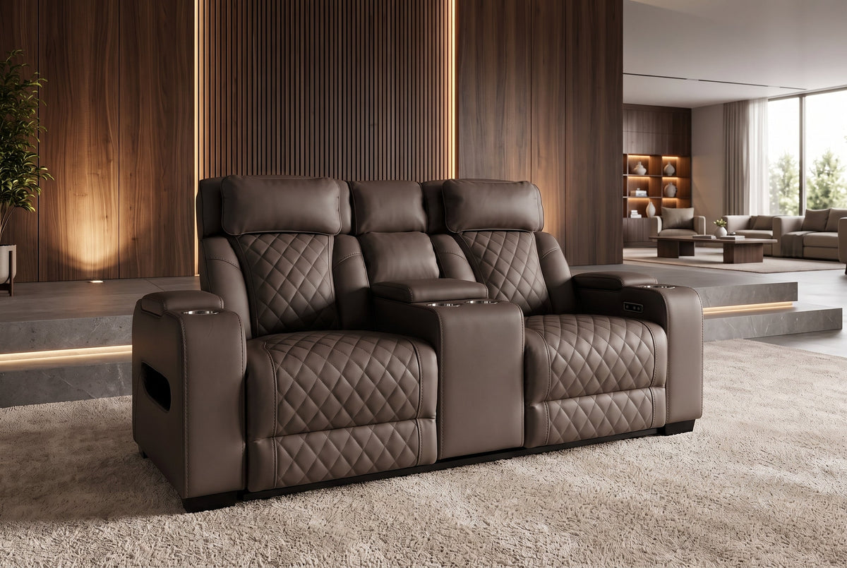 Fauteuil de cinéma électrique 2 places HOLLYWOOD marron similicuir fonction relaxation porte-gobelet