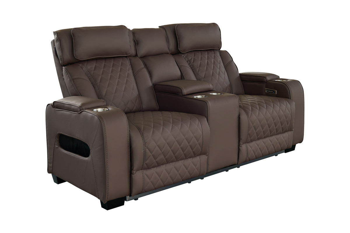 Fauteuil de cinéma électrique 2 places HOLLYWOOD marron similicuir fonction relaxation porte-gobelet