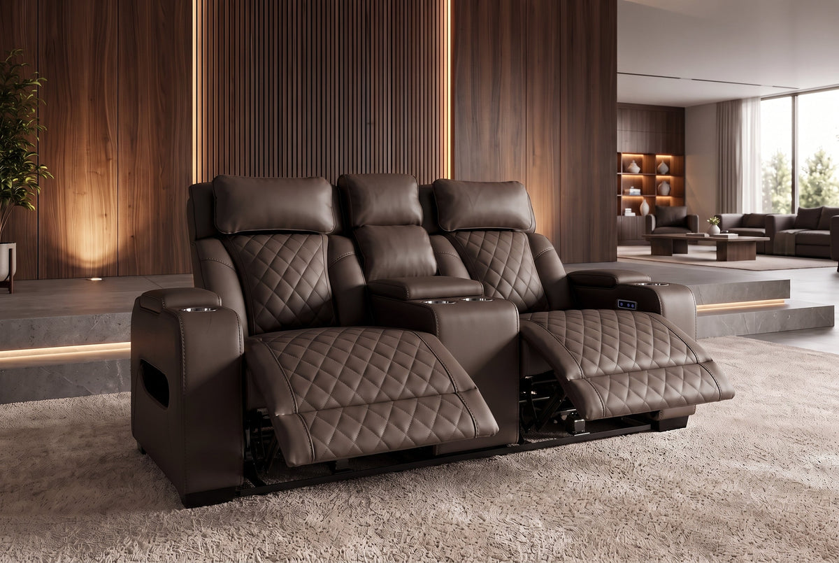 Fauteuil de cinéma électrique 2 places HOLLYWOOD marron similicuir fonction relaxation porte-gobelet