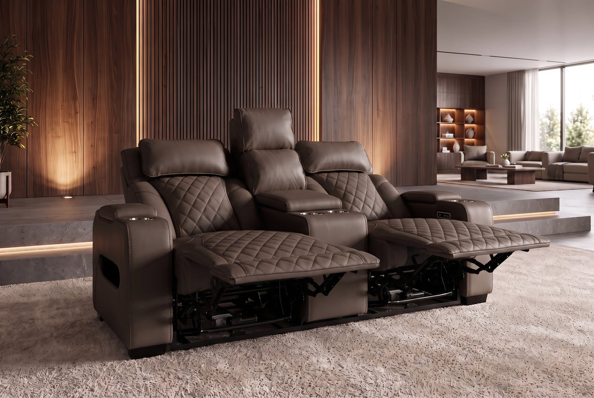 Fauteuil de cinéma électrique 2 places HOLLYWOOD marron similicuir fonction relaxation porte-gobelet