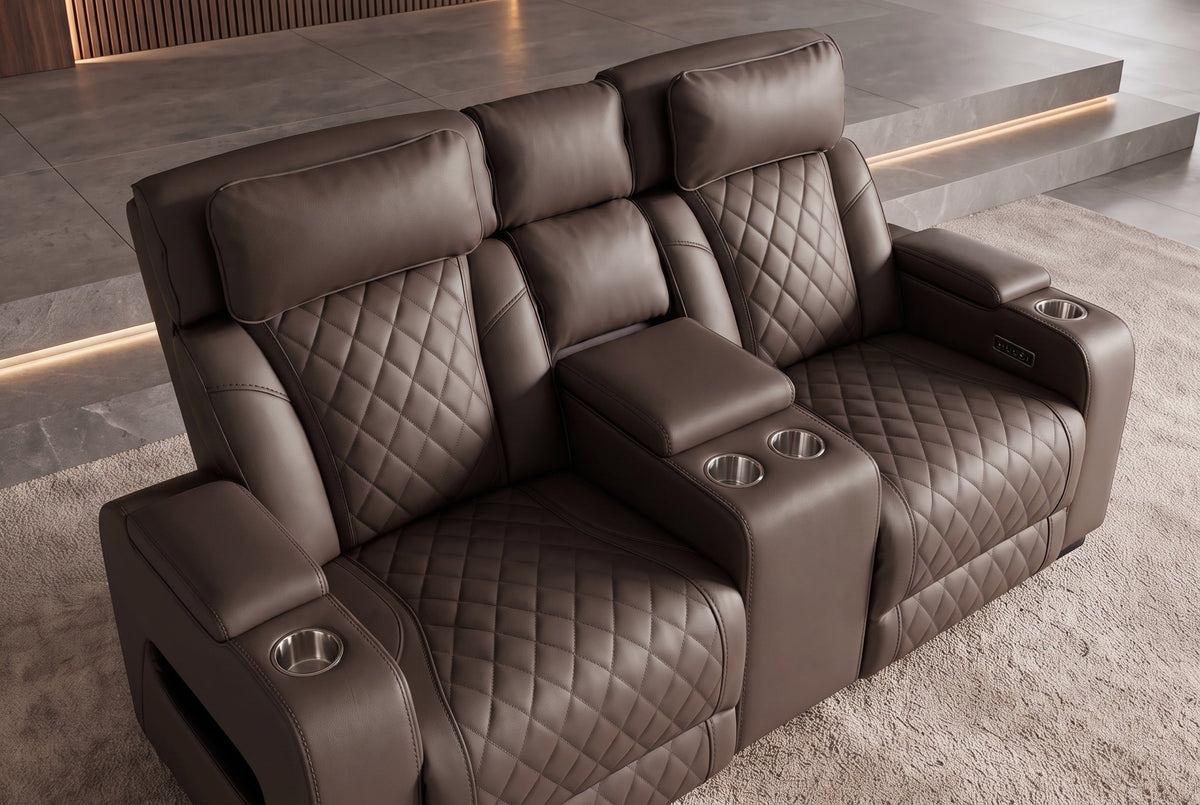 Fauteuil de cinéma électrique 2 places HOLLYWOOD marron similicuir fonction relaxation porte-gobelet