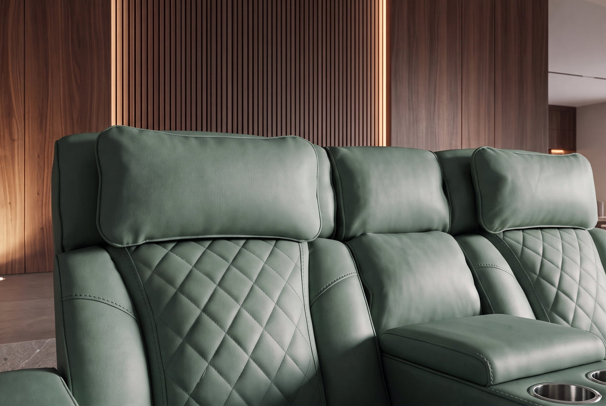 Fauteuil de cinéma électrique 2 places HOLLYWOOD sauge similicuir fonction relaxation porte-gobelet