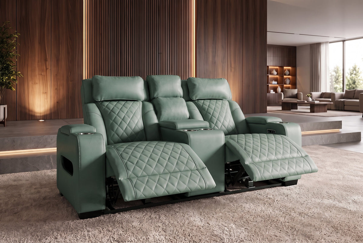 Fauteuil de cinéma électrique 2 places HOLLYWOOD sauge similicuir fonction relaxation porte-gobelet
