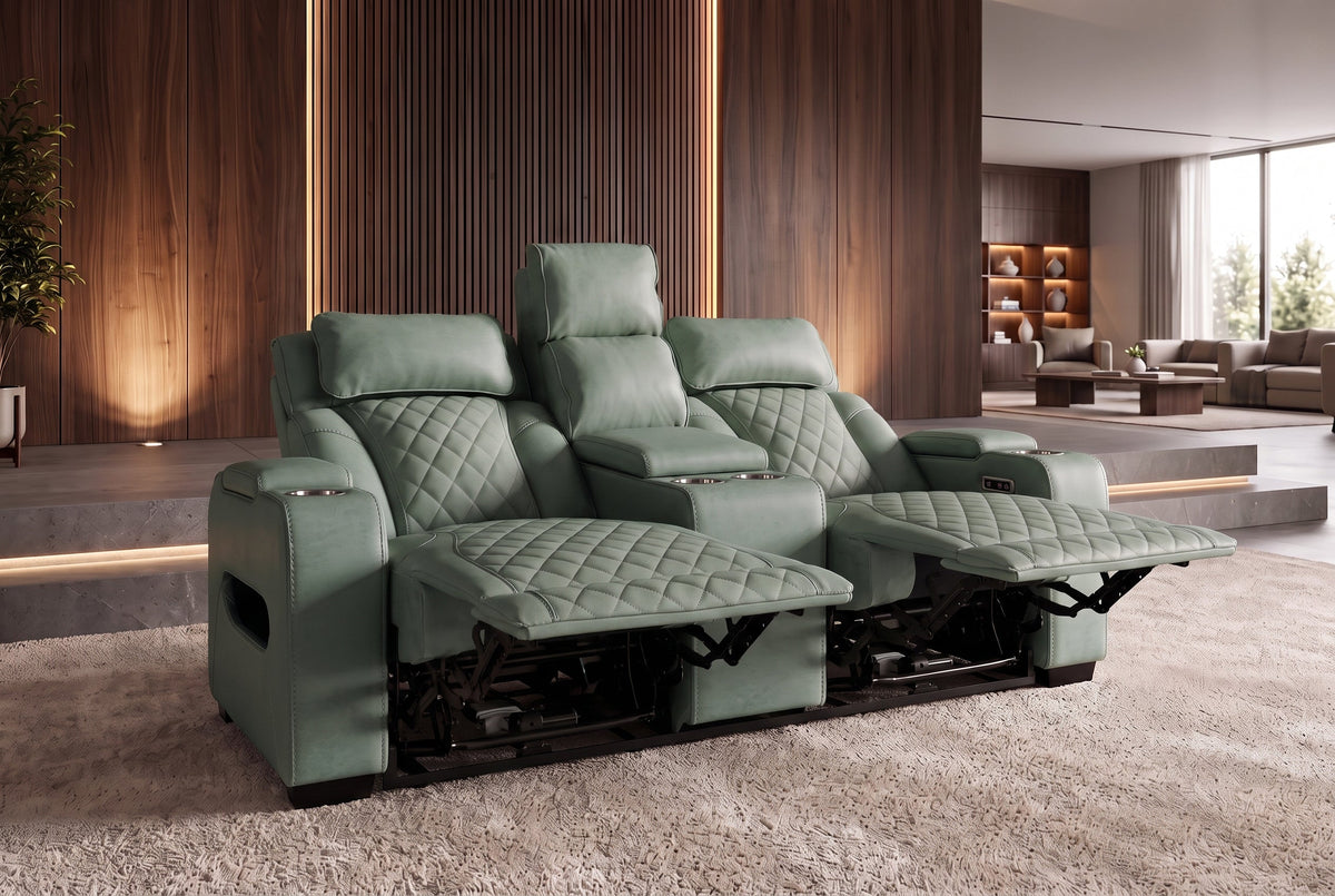 Fauteuil de cinéma électrique 2 places HOLLYWOOD sauge similicuir fonction relaxation porte-gobelet