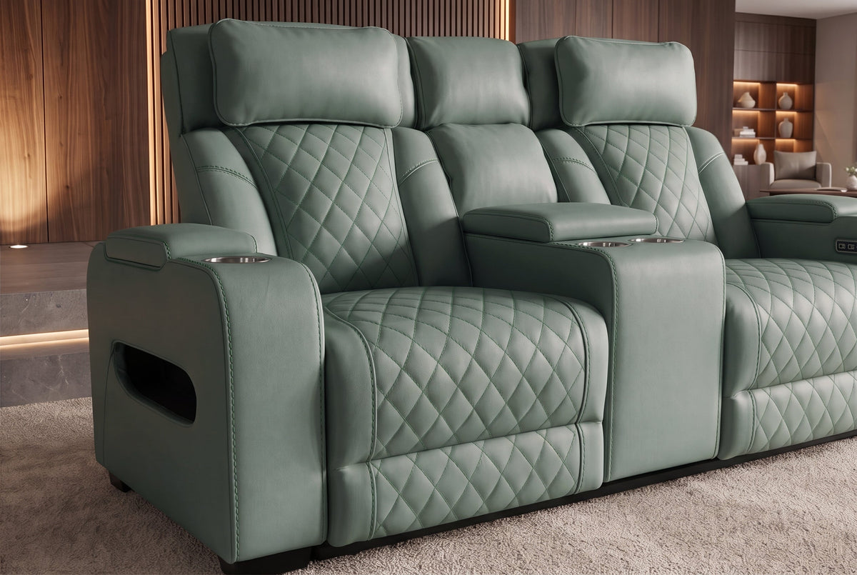 Fauteuil de cinéma électrique 2 places HOLLYWOOD sauge similicuir fonction relaxation porte-gobelet
