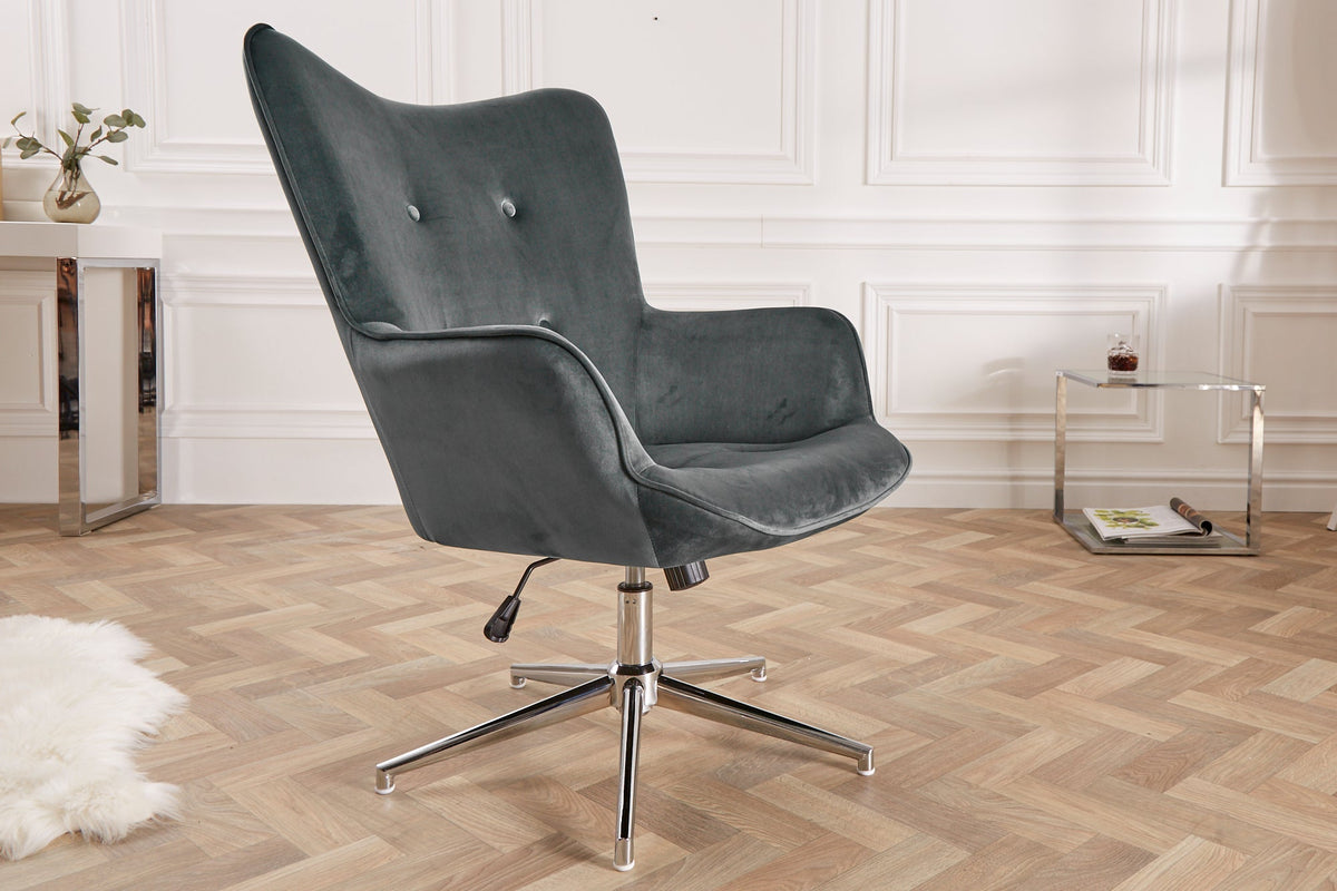 Fauteuil design MR. LOUNGER gris chromé velours réglable en hauteur pivotant rétro