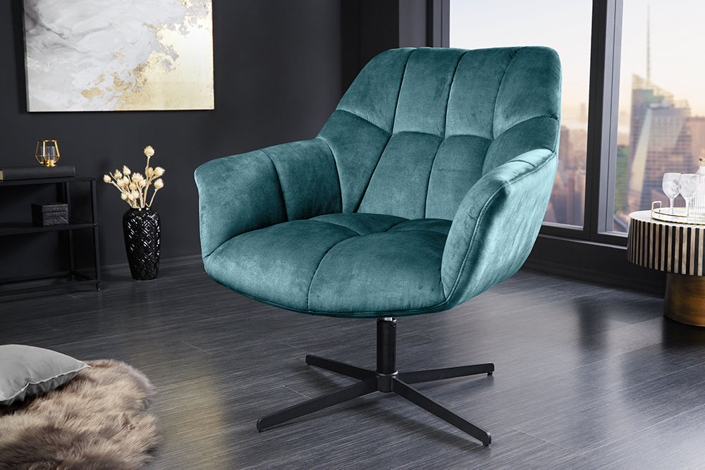 Fauteuil design pivotant PAPILLON pétrole velours 360° noir métal réglable en hauteur