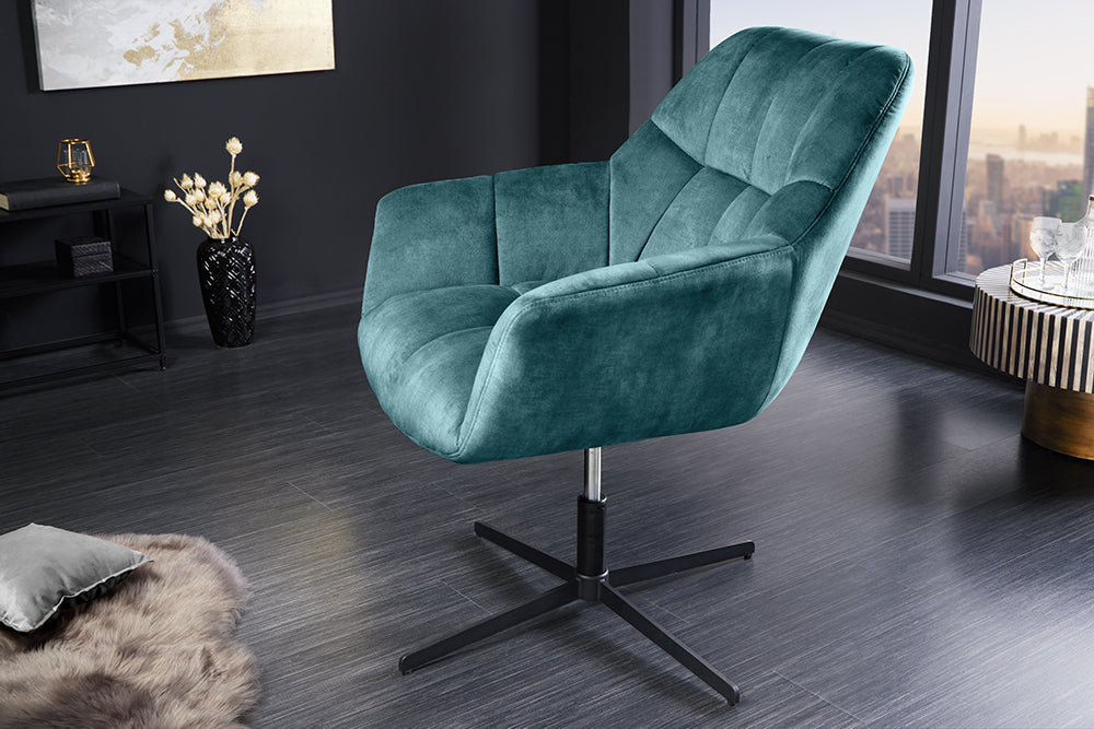 Fauteuil design pivotant PAPILLON pétrole velours 360° noir métal réglable en hauteur