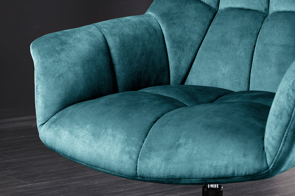 Fauteuil design pivotant PAPILLON pétrole velours 360° noir métal réglable en hauteur