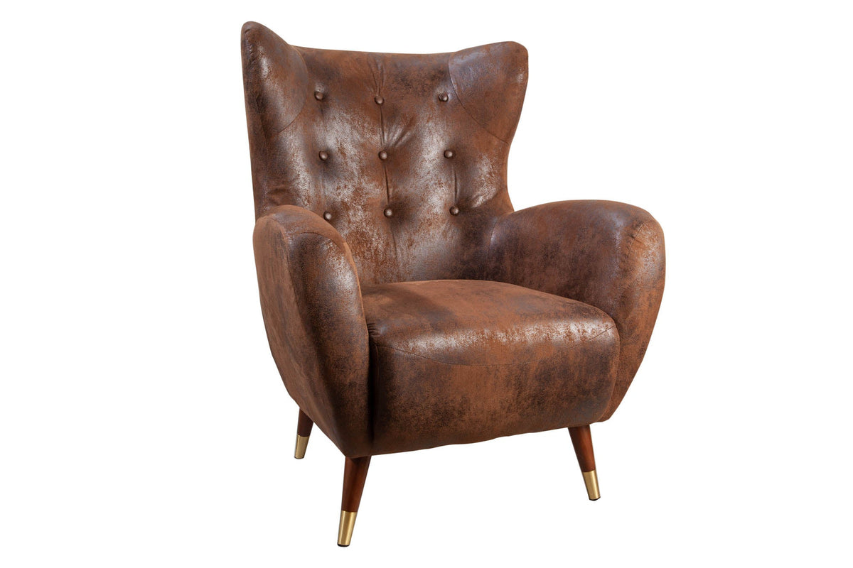 Fauteuil design rétro DON embouts de pieds en or marron antique avec âme à ressorts