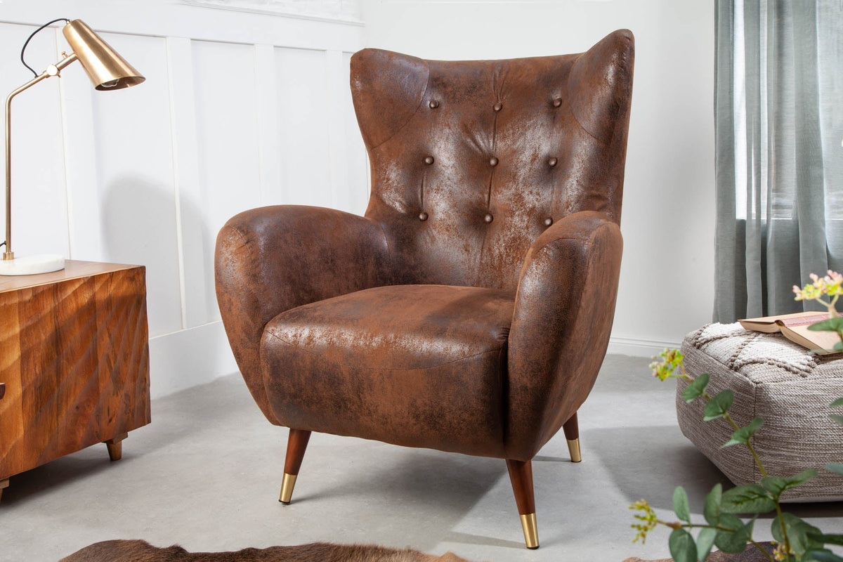 Fauteuil design rétro DON embouts de pieds en or marron antique avec âme à ressorts