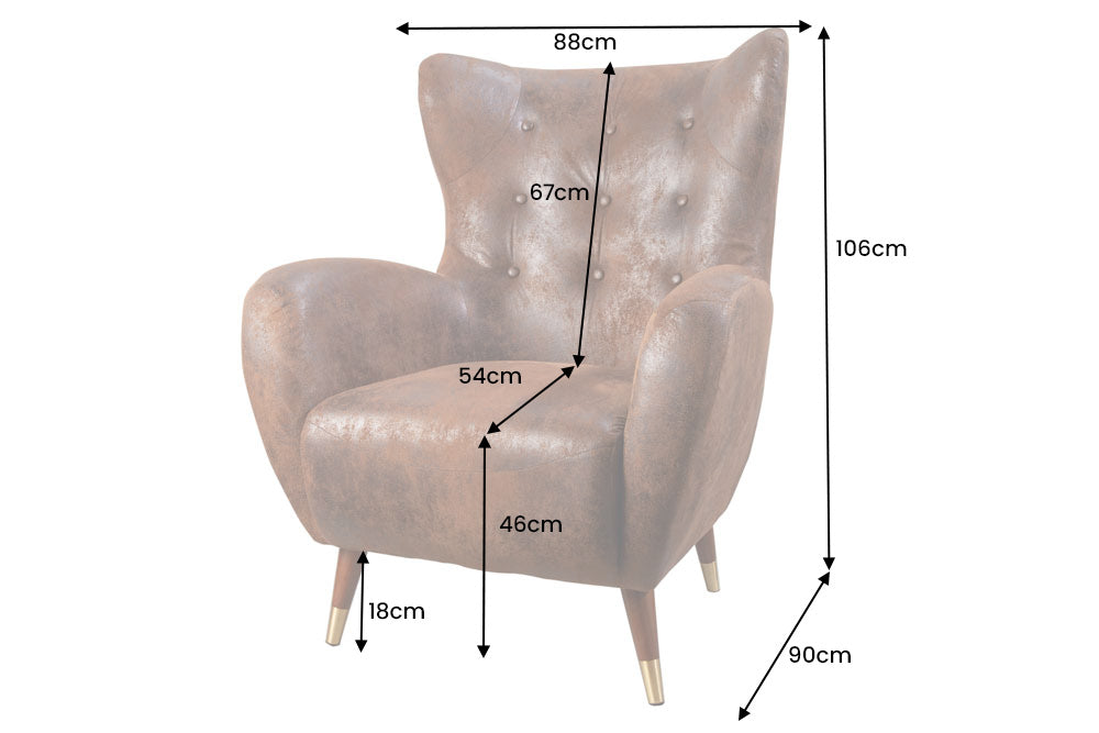 Fauteuil design rétro DON embouts de pieds en or marron antique avec âme à ressorts