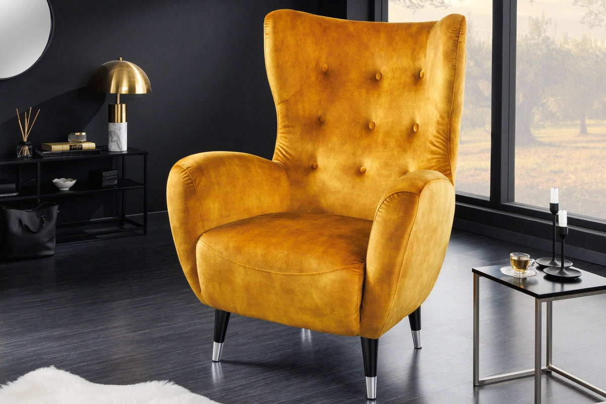 Fauteuil design rétro DON velours jaune moutarde âme à ressorts embouts pieds argentés