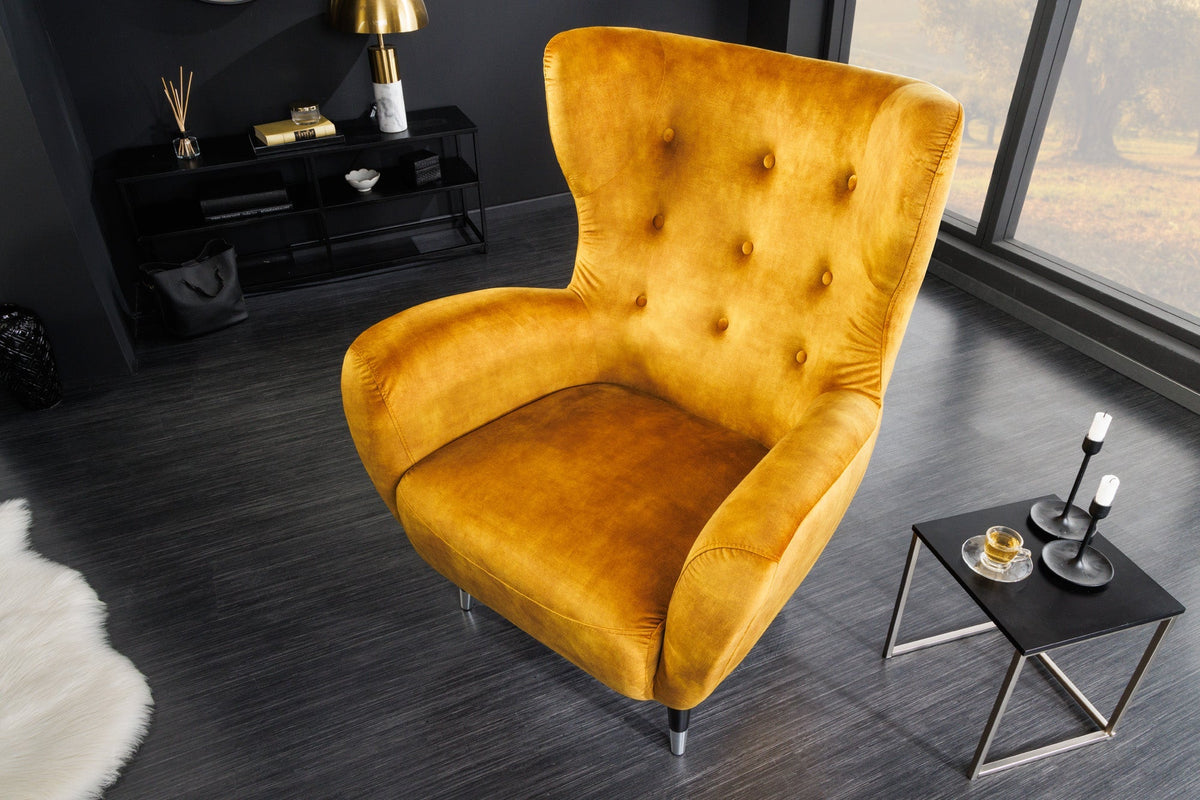 Fauteuil design rétro DON velours jaune moutarde âme à ressorts embouts pieds argentés