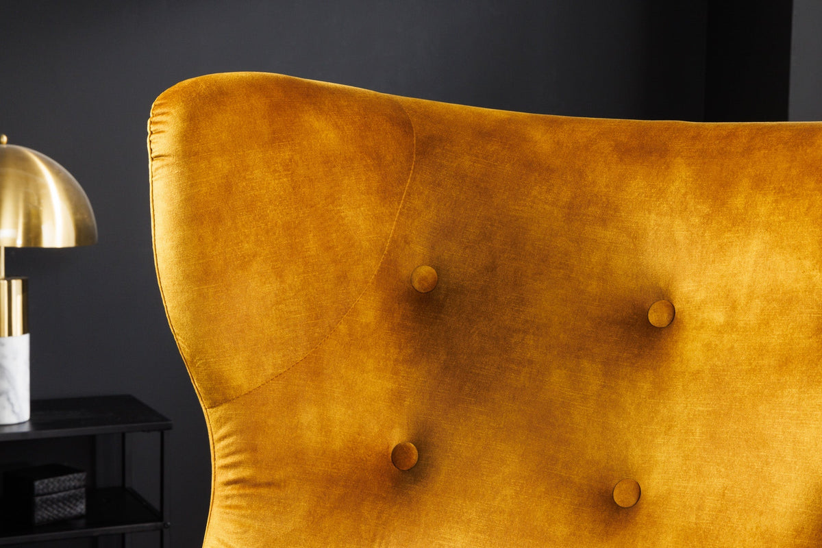 Fauteuil design rétro DON velours jaune moutarde âme à ressorts embouts pieds argentés