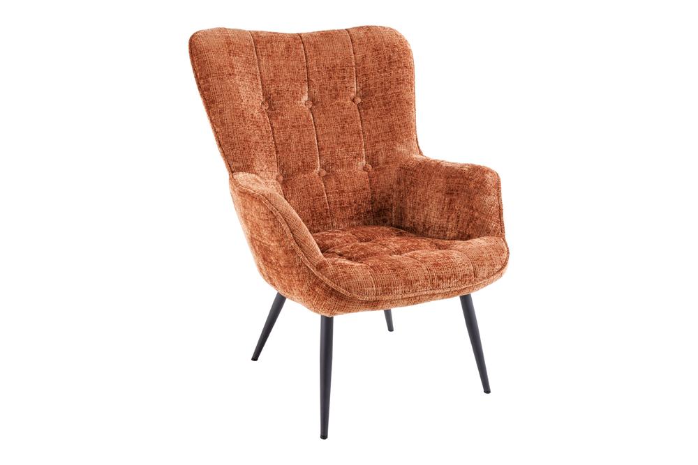 Fauteuil design SCANDINAVIA chenille marron rouille Cremona métal noir avec accoudoir