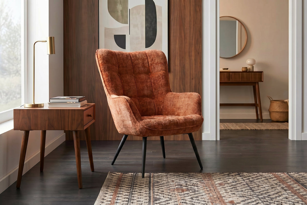 Fauteuil design SCANDINAVIA chenille marron rouille Cremona métal noir avec accoudoir