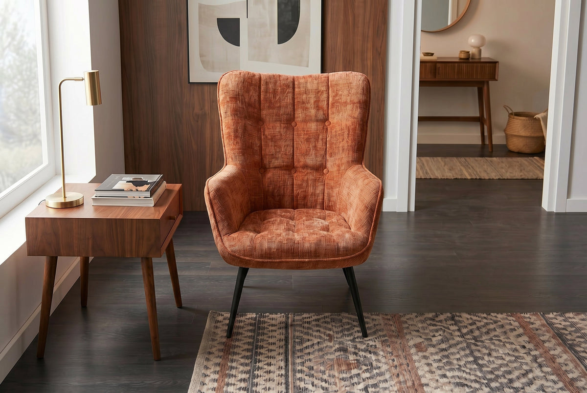 Fauteuil design SCANDINAVIA chenille marron rouille Cremona métal noir avec accoudoir