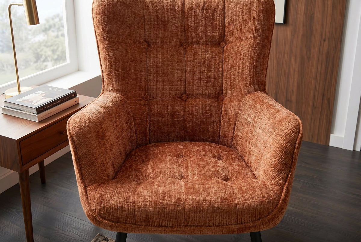 Fauteuil design SCANDINAVIA chenille marron rouille Cremona métal noir avec accoudoir