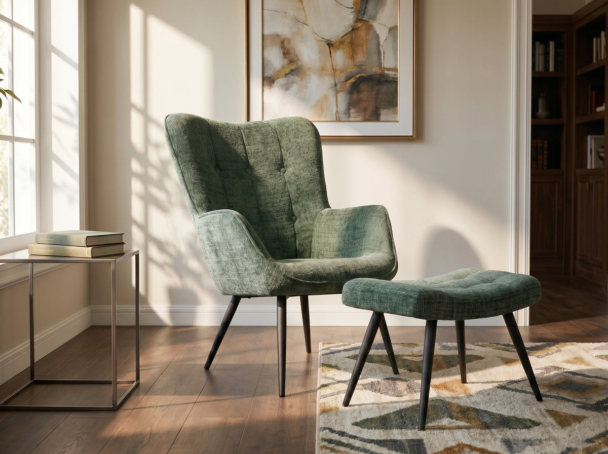Fauteuil design SCANDINAVIA chenille verte Cremona métal noir avec accoudoir
