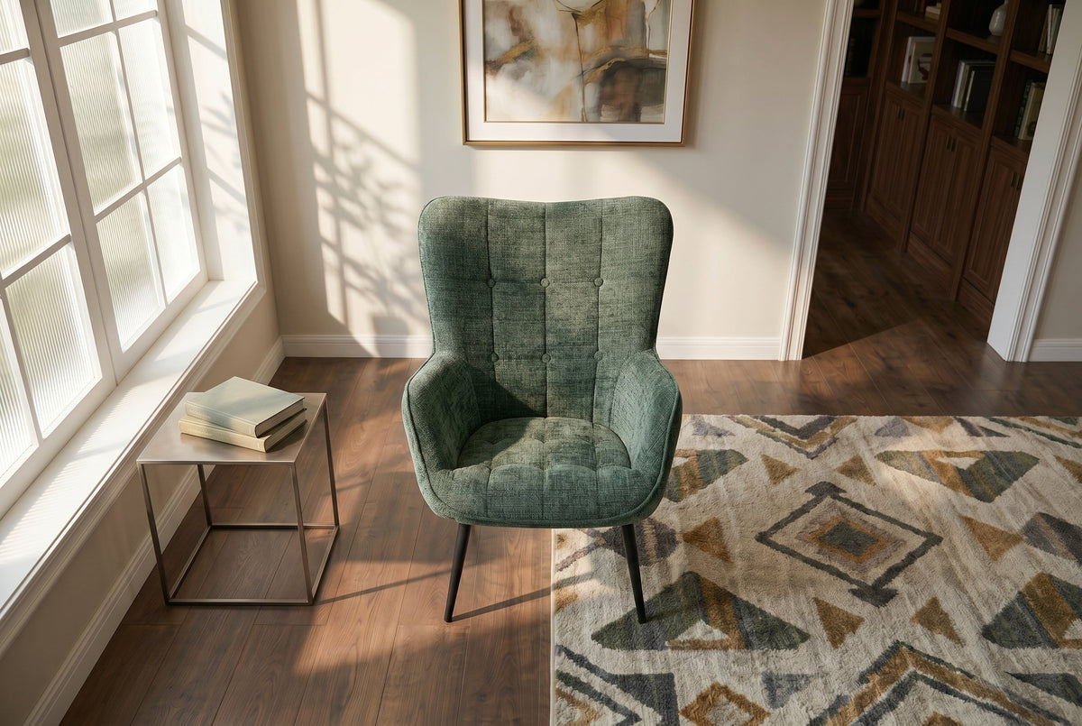 Fauteuil design SCANDINAVIA chenille verte Cremona métal noir avec accoudoir