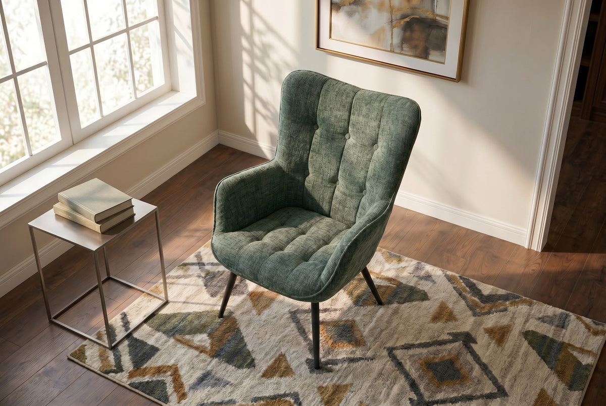 Fauteuil design SCANDINAVIA chenille verte Cremona métal noir avec accoudoir