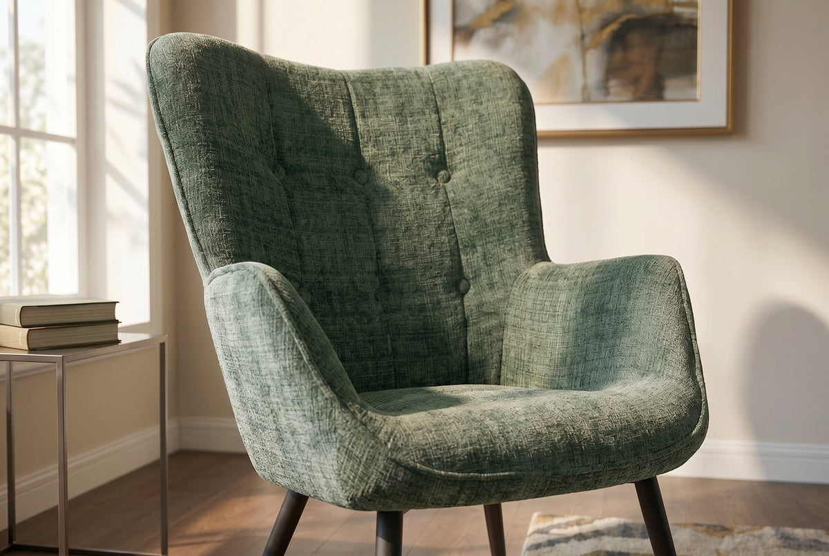 Fauteuil design SCANDINAVIA chenille verte Cremona métal noir avec accoudoir