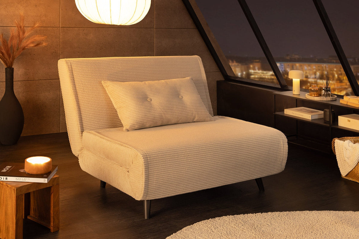 Fauteuil-lit rétro SMART MULTIFUNCTION 100cm beige Cord fonction lit incl. coussin